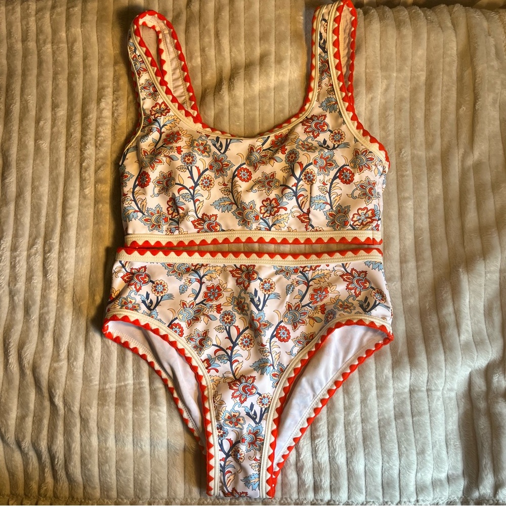 SHEIN Floral Patterned Swimsuit with Red Accents
